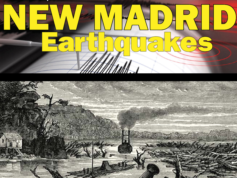 NEw Madrid Earthqiakes text above sketch of riverboat in river filled with debris